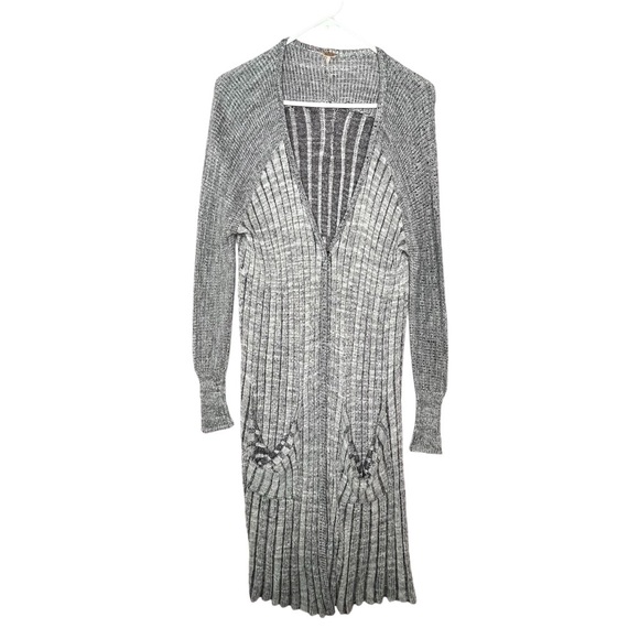 Free People Long Line Lagenlook Ribbed Duster Cardigan Knit Sweater Pockets XS - Picture 3 of 9